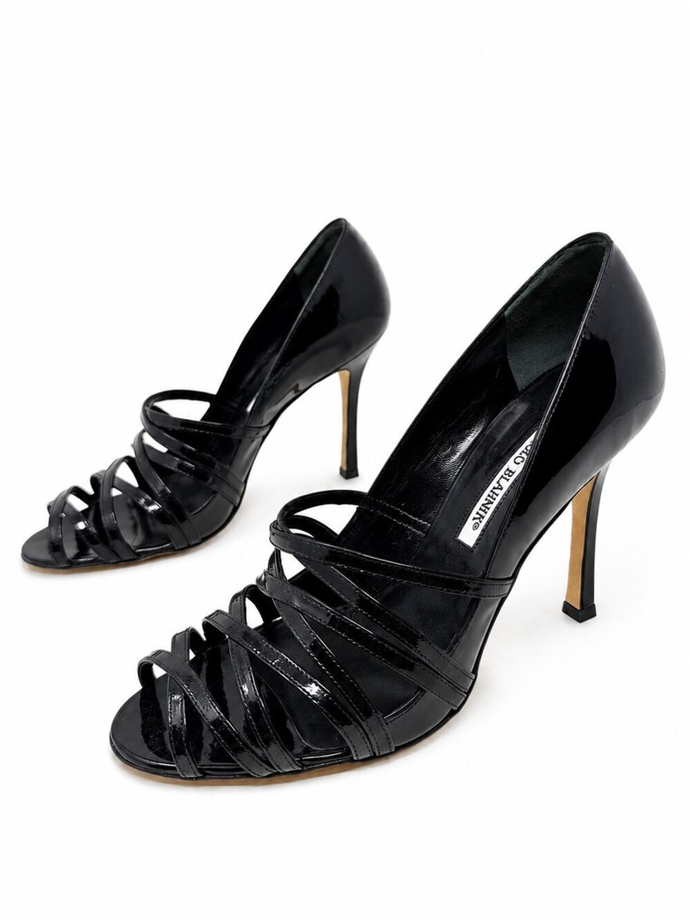 Manolo Blahnik CPETRA Patent Leather Strappy Heels Black Womens Size EU 37.5